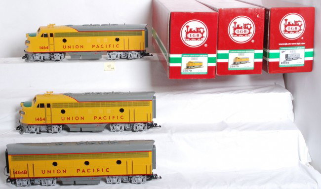 LGB Union Pacific F7 A-B-A: LGB G Scale Union Pacific F7 A-B-A in OB. Locos comes with all paperwork and packing. Two 23570 A units and one 23582 B unit. Locos look C9 with nothing more than a factory test run. B Unit does featu