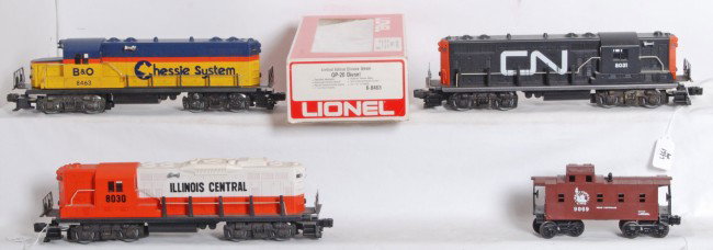 3 Lionel locos 8031 CN, 8030 IC, 8463 Chessie, etc: Lionel modern O Gauge locomotives. Three locomotives include 8031 Canadian National GP-7, 8030 Illinois Central GP-9, 8463 Chessie System GP-20 in OB, and 9089 Jersey Central caboose. Locos and car ar