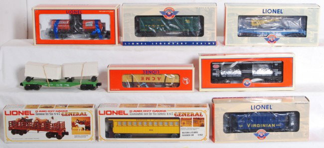 9 Lionel freight cars, WARR, PWC, Etc.: Lionel modern O Gauge freight cars. Postwar Celebration cars include 29827 Helicopter car, 26765 Sheriff and Outlaw car, and 29726 Virginian caboose. W&ARR General cars include 9553 horse car and 9552