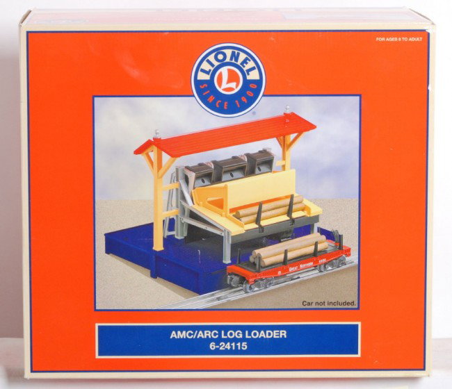 Lionel 24115 command controlled log loader: Lionel modern O Gauge accessory in OB. 24115 AMC / ARC log loader. Loader features TMCC control and traditional controller. Item looks C8 but is missing logs.