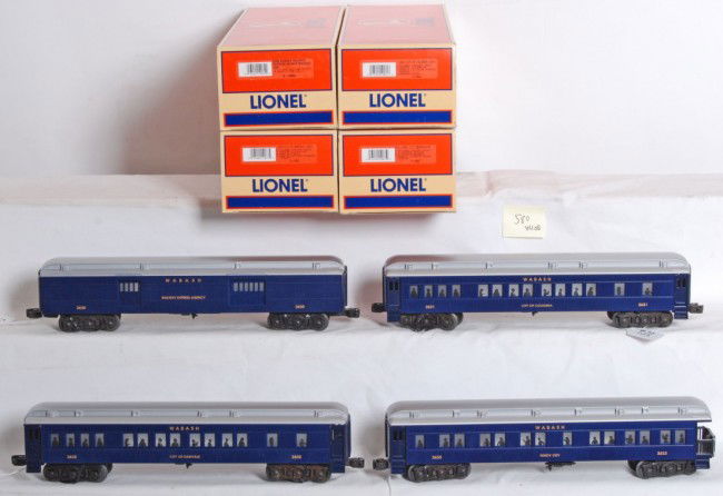 Lionel Wabash 4 car Madison set 19062-19064: Lionel modern O Gauge Wabash Madison passenger cars in OBs. Four cars includes 19062 City of Columbia coach, 19063 City of Danville coach, 19064 REA baggage, and 19065 Windy City observation. Cars are