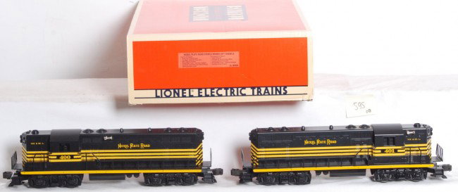 Lionel Nickel Plate dual GP-7 set: Lionel modern O Gauge Nickel Plate 18505 GP-7 diesel set in OB. Includes two locos, powered and dummy. Dummy features Railsounds. Comes with sound button. Locos are C8-9. OB has distressed corners and
