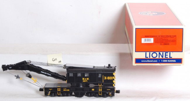 Lionel TMCC MOW crane car: Lionel modern O Gauge maintenance of way crane car in OB. Catalog number is 29800. Crane features TMCC control with many cool features. Crane is complete C9-10 and looks unrun.