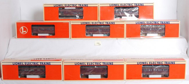 Lionel Norfolk and Western 8 aluminum pass cars: Lionel modern O Gauge Norfolk and Western Aluminum Passenger Car Set Including: 19140 Combo Car, 19141 Diner Car (incorrect box), 19142 Passenger Car, 19143 Passenger Car, 19139 Baggage Car, 19144 Obs