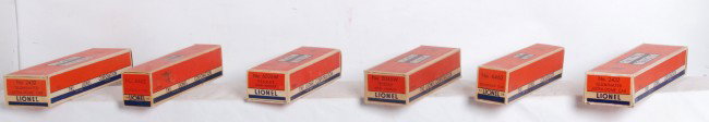 Empty original Lionel boxes, 2432, 6026W, 6462-125: Postwar Lionel O gauge empty original boxes. Two 2432 illuminated astra-dome car, 6026W tender with whistle, 2046W tender with whistle, 6462-75 gondola and 6462-125 gondola. Boxes have no torn or miss