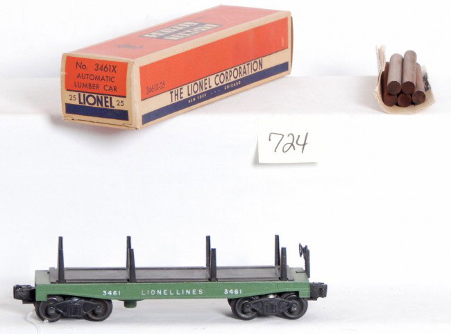 Lionel No. 3461X-25 auto. lumber car in OB w/....: Postwar Lionel O gauge No. 3461X-25 automatic lumber car in original box with original instructions sheet and five logs. Car looks unrun C9-10. Box looks C9-10.