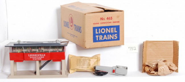 Lionel No. 465 sound dispatching station in OB w/.: Postwar Lionel O gauge No. 465 sound dispatching station in original box with insert, wrapping paper, microphone, factory sealed components envelope, C9.