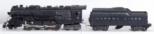 Lionel No. 726RR loco and 2046W tender: Postwar Lionel O gauge No. 726RR steam locomotive (repainted and repaired marker lights) and 2046W tender with whistle, very clean C7-8.