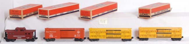 Lionel No. 6356, 6464-25, 6417, 6356 in OB: Postwar Lionel O gauge No. 6417 PRR caboose, two 6356 NYC stock cars and 6464-25 GN boxcar, C7-8. Some boxes have missing flaps, writing, etc. Very clean, square and solid boxes.