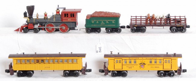 Lionel No. 1872, 1872T, 1877, 1875W, 1876: Postwar Lionel O gauge No. 1872 The General steam locomotive with 1872T Western and Atlantic tender, 1875W coach with whistle, 1876 baggage and 1877 flatcar with railings and six horses, C7 area, 1875
