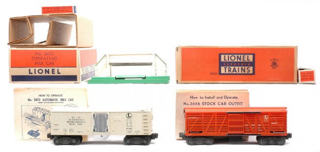 Lionel 3656 Cattle Car 3472 Milk Car LN Boxed: Lionel postwar 3656 operating cattle car with instruction sheet and an individual OB of 3656-9 figures for cattle car and 3472 operating milk car, platform, instruction sheet and individual OB of 3462