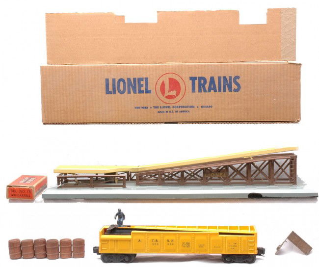 Lionel 362 Barrel Loader OB 3562-50 Barrel Car LN: Lionel postwar 362 barrel loader with individual OB of 362-78 six barrels in OB with original cardboard insert and a 3562-50 A.T.& S.F. yellow operating barrel car. The figure on the 362 ramp is missi