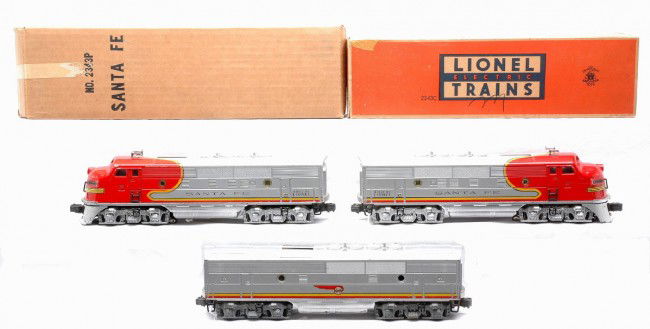 Lionel 2343 Santa Fe F3 ABA Diesel Units: Lionel postwar 2343 Santa Fe F3 ABA diesel units. There are OBs for the power A and B unit. The power A unit has minor battery damage and is C6. There are three portholes missing on the dummy unit. Th