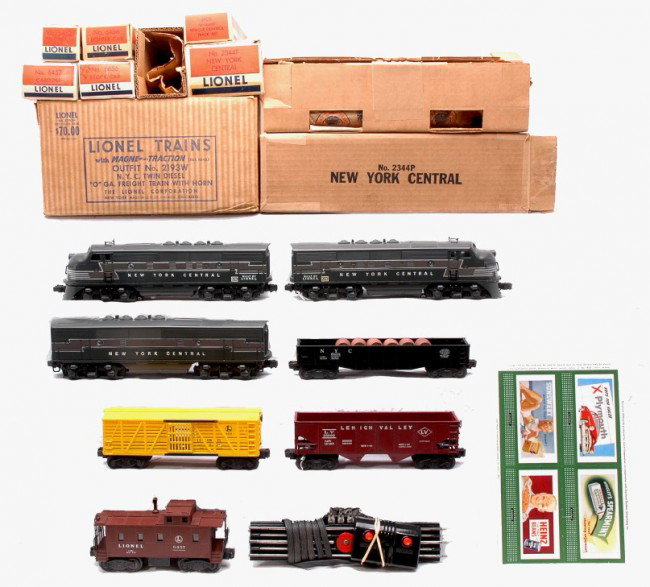 Lionel NYC Freight Set no. 2193W Boxed: Lionel postwar NYC freight set no. 2193W, circa 1952 in set box containing; 2344P/2344C/2344T New York Central F3 ABA diesel units, 6462 black NYC gondola with wooden barrels, 6656 stock car, 6456 mar