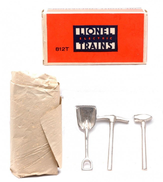 Lionel Prewar 812T Tool Set MINT Boxed: Lionel prewar 812T tool set with three tools and original wrap in OB. The set is C9-10. The OB is a brick, bright and clean, C10.