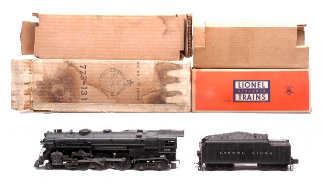 Lionel 773 Hudson Steam Loco 2426W Tender OBs: Lionel postwar 773 black 4-6-4 Hudson steam loco and 2426W tender, circa 1950 both in OBs with original cardboard inserts. The loco has some box rubs, otherwise is C8. The tender is C7-8. The OBs are 