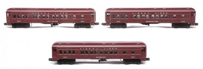 Lionel Passenger Cars 2625 2627 2628 LN OBs: Lionel postwar passenger cars with silhouettes from the 2148WS Hudson passenger set, circa 1950 including; 2625 Irvington Pullman, 2627 Madison Pullman and a 2628 Manhattan Pullman in reproduction box