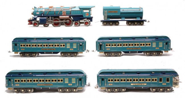 MTH Tinplate 10-1112-1 10-1114 Blue Comet MIB: MTH Tinplate Traditions standard gauge two-tone Blue Comet passenger set including 10-1112-1 loco and tender and 10-1114 four car set of passenger cars including; 420 Faye coach, 421 Westphal coach, 4