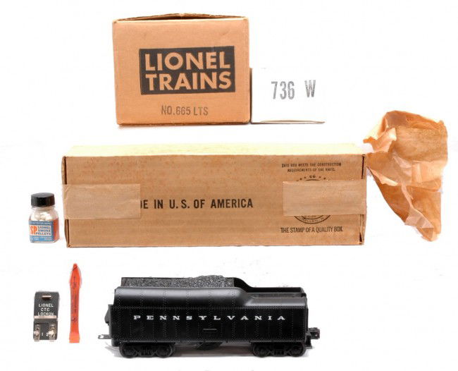 Lionel 665 Loco Factory Sealed 736W MINT OBs: Lionel postwar 665 black 4-6-4 steam loco in OB and a 736W Pennsylvania tender with smoke pellets, CTC lockon and tube of lube. The loco is factory sealed in individual OB and the tender is factory ne