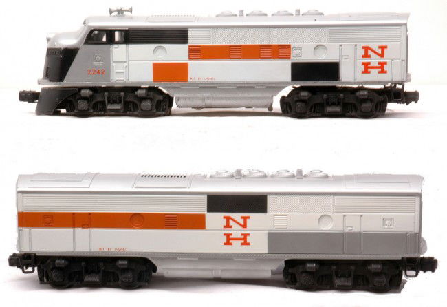 Lionel 2242P/C New Haven F3 AB Diesel Units: Lionel postwar 2242P/2242C New Haven F3 AB diesel units. The 2242P chassis is C7. Both diesel cabs have box rubs on the fan domes, otherwise are C8. The B unit chassis has light run time with some nic