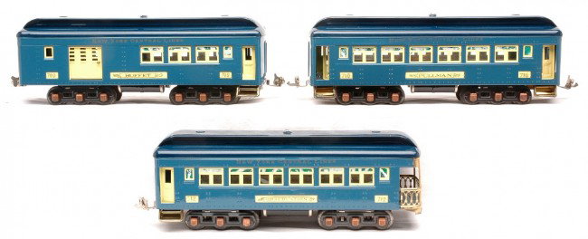 Rich-Art Co. Repro Lionel 2-Tone Blue 709 710 712: The Rich-Art Co. reproduction of Lionel prewar O gauge two-tone blue New York Central Lines passenger cars with copper journals including; 709 buffet, 710 Pullman and a 712 observation. The cars have 