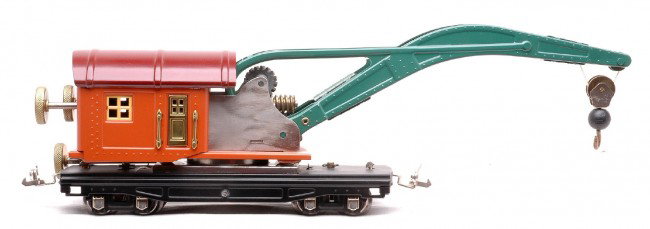 Lionel 810 Terra Cotta/Maroon/Peacock Crane: Lionel prewar O gauge 810 crane with terra cotta cab, maroon roof and a peacock boom. The car has brass trim and nickel journals. The crane has been professionally restored to look like new.
