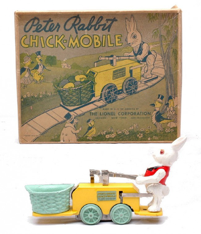 Lionel 1103 Rabbit Chick-Mobile Hand Car LN OB: Lionel prewar O gauge 1103 Peter Rabbit Chick-Mobile wind up hand car in OB with key. The colors on the rabbit are bright and clean. Chick-Mobile is C8. Box lid has no split corners, has one very mino