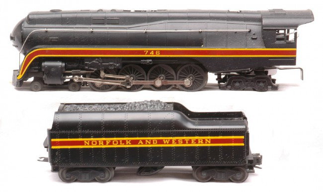 Lionel 746 N&W Northern Loco Long Striped Tender: Lionel postwar 746 Norfolk and Western 4-8-4 class J Northern loco and tender with the harder to find long stripes. The loco and tender have been restored.