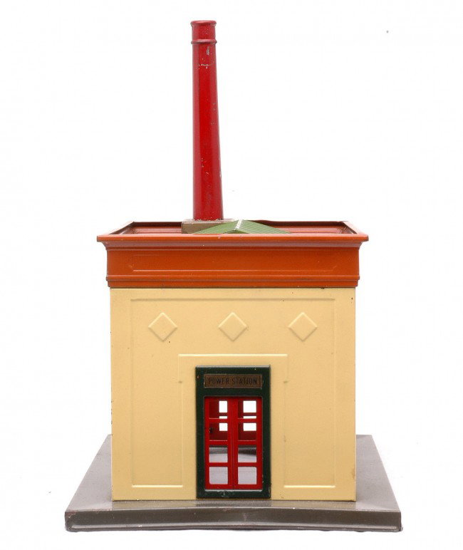 Lionel Prewar 435 Power Station w/Gray Base: Lionel prewar 435 power station with gray base, cream walls, terra cotta cornices, light green skylight and window frames. The station is C7.