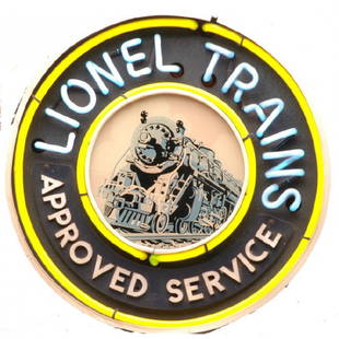 WOW! Lionel SE-22 Service Station Neon Sign: WOW! Lionel prewar no. SE-22 multi-colored neon electric sign sold for service stations. This sign was sold in 1941 for a price of $14.95. The sign is round and measures 19 inches in diameter and 5 1/