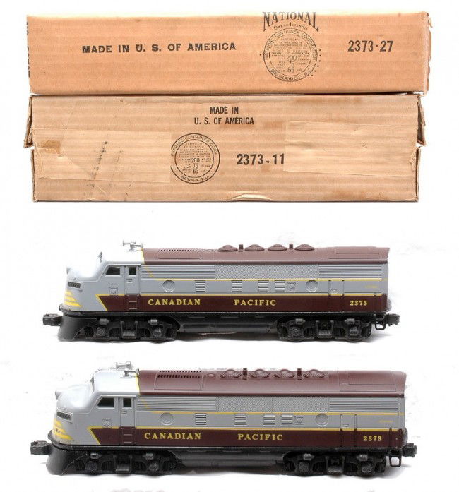 Lionel 2373P/T CP F3 AA Units LN Boxed: Lionel postwar 2373P/2373T Canadian Pacific F3 AA diesel units in individual OBs. The diesels have never been run. Both decals have a couple of minor flakes and the cabs have some box rubs. The cab ro