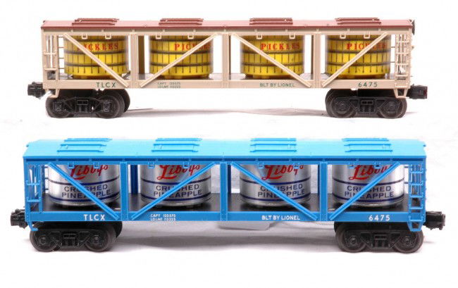 Lionel 6475 Libbys Pineapple 6475 Pickles Cars LN: Lionel postwar 6475 LibbyÕs Crushed Pineapple vat car and a 6475 Pickles vat car. The Pineapple car is C7-8 and the Pickle car is C8.