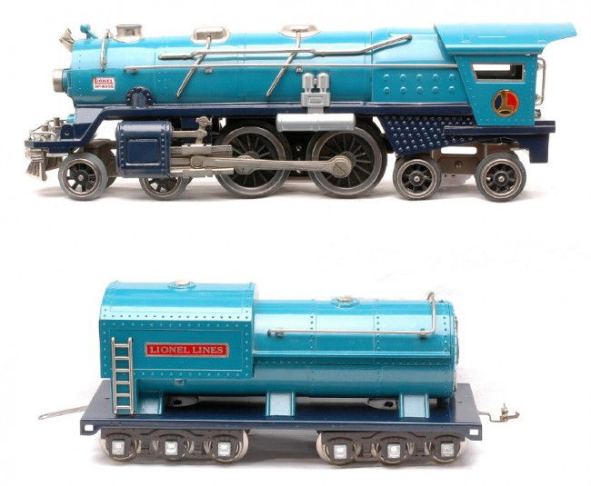Lionel 400E Blue Comet Loco 400T Tender: Lionel prewar standard gauge 400E Blue Comet 4-4-4 steam loco with a 400T tender with nickel trim. The loco and tender have been professionally restored to look like new. The cowcatcher has been paint
