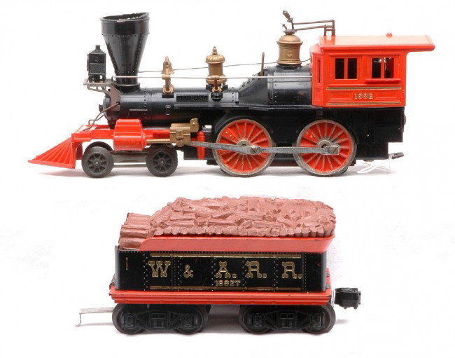 Lionel 1882 Halloween General Loco 1882T Tender: Lionel postwar uncataloged 1882 Halloween General 4-4-0 steam loco and 1882T W. & A.R.R. tender, circa 1960. The back of the loco has a crack. Loco and tender are C6.
