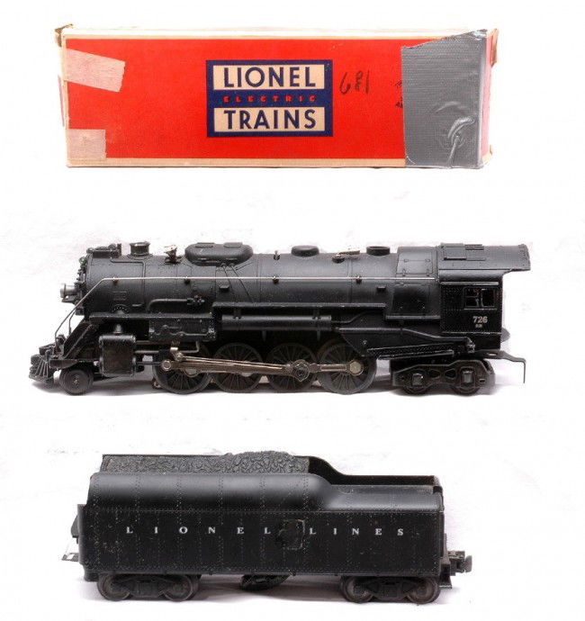 Lionel 726RR Berkshire Steam Loco 2046W Tender: Lionel postwar 726RR black 2-8-4 Berkshire steam loco and 2046W Lionel Lines tender that has bar end trucks, circa 1952 in a worn OB. The loco is C8. There is residue on both sides of the tender where