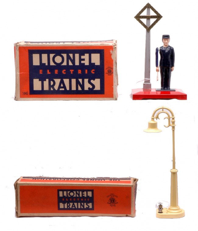 Lionel 1045 Watchman 58 Lamp Post LN OBs: Lionel postwar 1045 operating watchman in OB. The OB has one flap detached, but included. The watchman is C8. Also included is a 58 cream lamp post with original tag in OB that shows some wear. The la