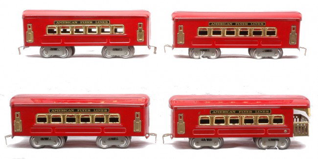 Am Flyer Red Pass Cars 3176 3176 3176 3177: American Flyer prewar O gauge three 3176 Pullmans and 3177 observation with red bodies that have maroon roofs with type X gray, eight wheel trucks and brass window inserts. Cars are C7.