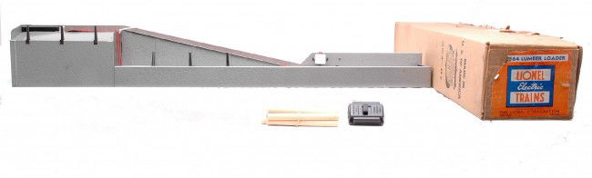 Lionel Postwar 364 Lumber Loader LN Boxed: Lionel postwar 364 lumber loader with 364C controller and five wooden logs in OB. The red belt has been replaced. The lumber loader is C8.