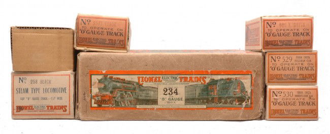 Lionel Original Individual Set Boxes ONLY for 234: Lionel prewar O gauge individual boxes and set box only for a no. 234 terra cotta passenger set including; 258 black steam loco with original cardboard insert, 257T tender, two 529 Pullmans and a 530