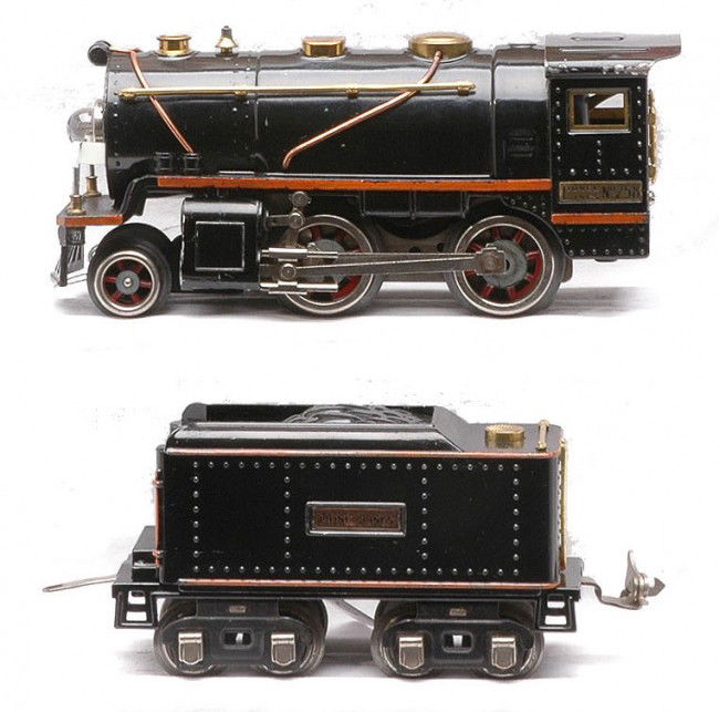 Lionel 258 Black Steam Loco 258T Tender LIKE NEW: Lionel prewar O gauge 258 black 2-4-0 steam loco and 258T eight wheel tender both with orange stripes, brass and copper trim. The cowcatcher has been repaired and loco has a couple of nicks, C8. The t