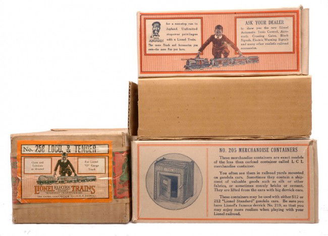 Lionel Original Boxes & Master Carton 258/258T: Lionel prewar O gauge individual boxes and master carton for a 258 black steam loco and 258T tender. The loco OB has an original cardboard insert. The individual OBs are high quality, have all flaps a