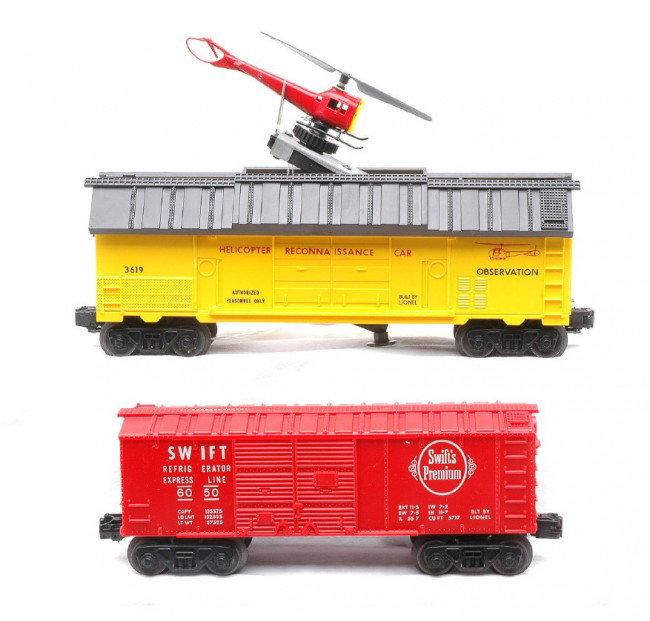 Lionel 3619 Helicopter 6050 Savings Bank Car LN: Lionel postwar 3619 helicopter reconnaissance car with red helicopter and a 6050 Swift Premium double door boxcar with coin slot. The helicopter has one small section of the tail that is broken off. T