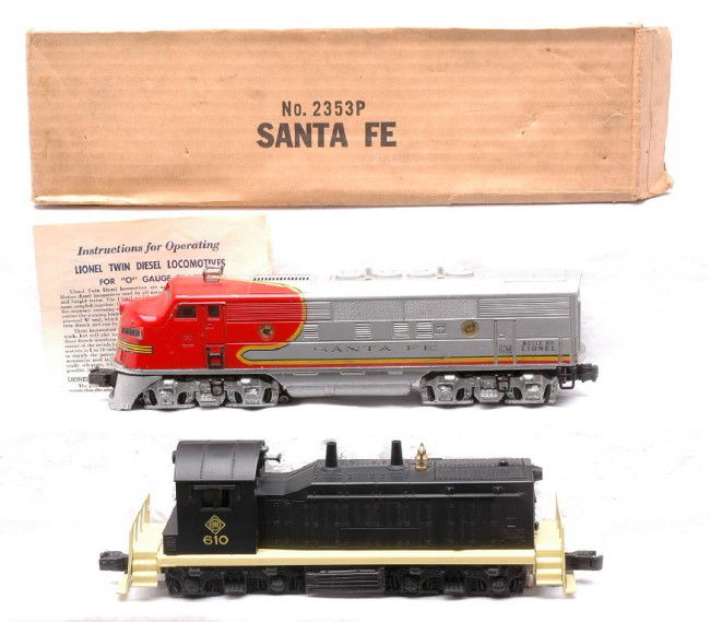 Lionel 610 Erie NW2 Switcher 2353P SF F3 A Unit: Lionel postwar 610 Erie NW2 switcher with yellow frame which has been repainted. Cab is C8. Also included is a 2353P Santa Fe F3 power A diesel unit with instruction sheet in OB. The diesel is C5.