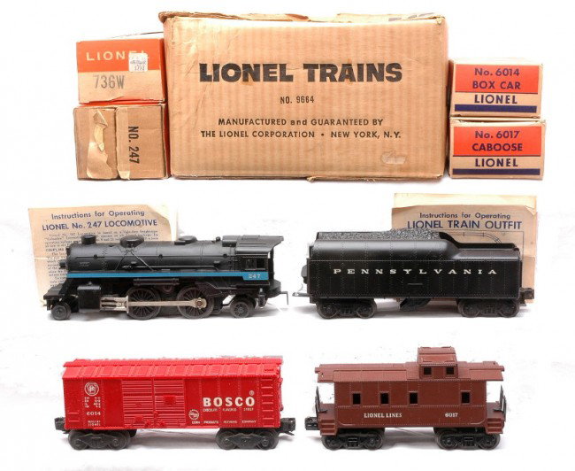Lionel 247 Scout Loco 736W Pennsy Tender OBs: Lionel postwar freight set no. 9664 containing; 6014 Bosco boxcar and 6017 caboose in individual OBs and set box that has instruction sheet. The set is missing all other components, except those liste
