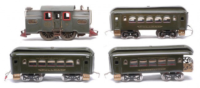 Lionel Dark Olive Gr. NYC Lines Pass Set no. 40: Lionel prewar standard gauge dark olive green New York Central Lines passenger set no. 40 containing; 38 electric 0-4-0 loco, two 35 Pullmans and a 36 observation. The loco has been partially restored