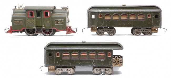 Lionel Dark Olive Green NYC Lines Pass Set no. 34: Lionel prewar standard gauge dark olive green New York Central Lines passenger set no. 34 containing; 33 electric 0-4-0 loco, 35 Pullman and a 36 observation. The loco has been restored. The cars are 