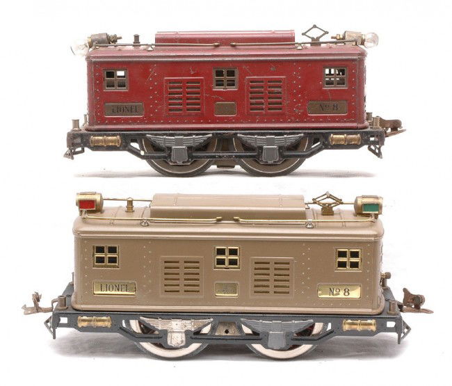 Lionel Prewar two no. 8 Electric 0-4-0 Locos: Lionel prewar standard gauge two no. 8 electric 0-4-0 locos, one maroon and one Mojave. The Mojave loco has been rewheeled and restored to look like new. The maroon loco is C4.