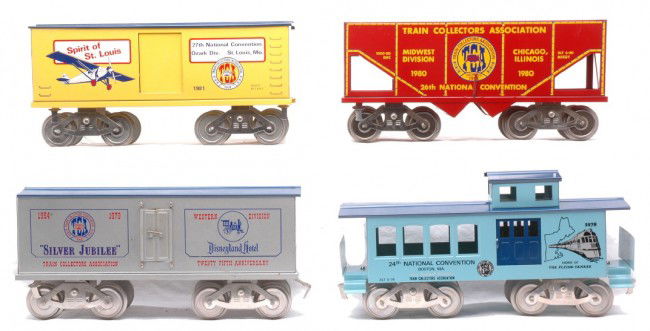 McCoy TCA Nat. Convention 1978 1979 1980 1981: McCoy standard gauge TCA National Convention freight cars; 1978 Boston, Massachusetts, 1979 Silver Jubilee Disneyland Hotel boxcar, 1980 Chicago, Illinois hopper and a 1981 St. Louis Missouri boxcar.