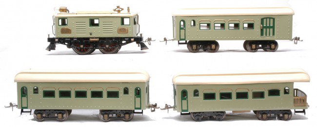 Ives Wide Ga. Passenger Set 3236 170 171 172: Ives prewar wide gauge passenger set including; 3236 electric 0-4-0 loco with brass plates, 170 Buffet, 171 Parlor car and 172 observation car. The set has been restored in light green and cream. The 