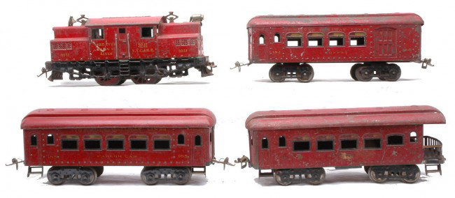 Ives Wide Ga. Maroon Pass Set 3241 184 185 186: Ives prewar wide gauge maroon passenger set including; 3241 electric 0-4-0 loco, 184 Buffet, 185 Parlor car and a 186 observation. The set is C4.